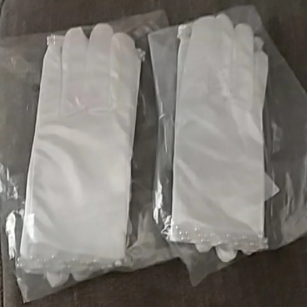 White Satin Pearl-Trim Party Gloves - Classic Formal Accessory